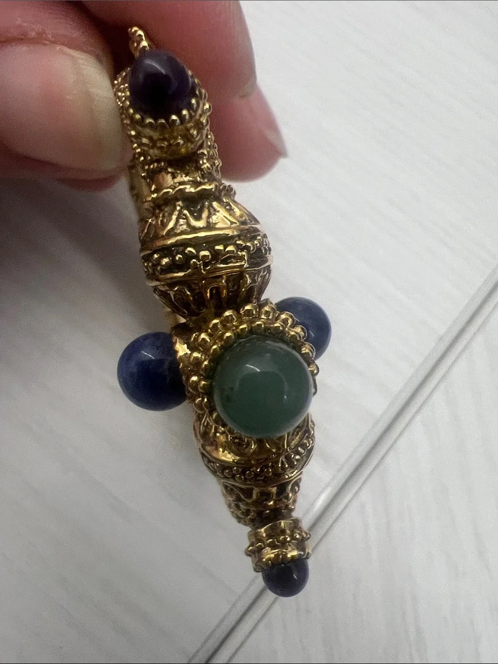 Gold-Tone Textured Hinged Bangle with Blue & Green Cabochons
